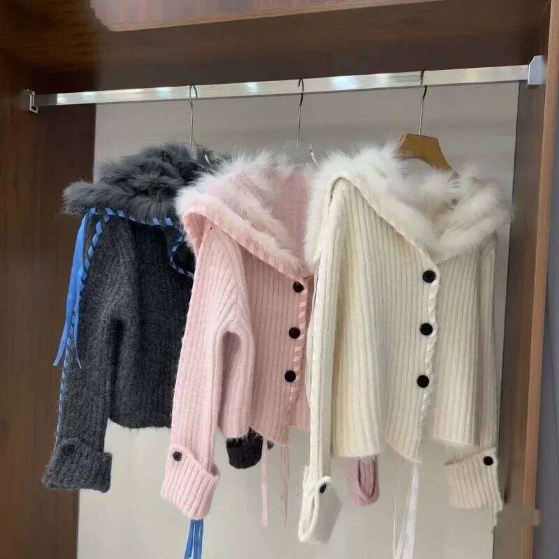Fur Patchwork Turn Down Collar Cardigan Coat Autumn Clothing Fashion Korean Knitted Sweater Y2k Single Breasted Tops Pull Femme Z260313