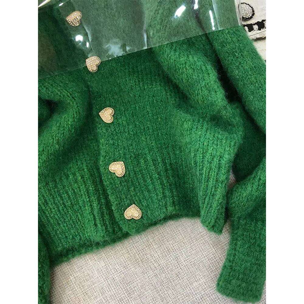 Green Knitted Cardigan Sweaters Autumn Half High Collar Sweet Korean Fashion Winter New Casual Jacket Z260313