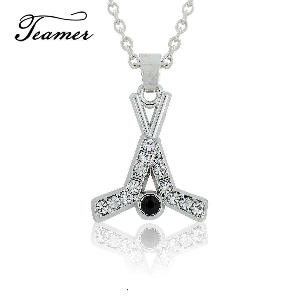 Teamer Clear Crystal Hockey Stick Pendant Necklace for Woman Men Adjustable Chain Fashion Sport Charms Silver Color Jewelry Gift H260312