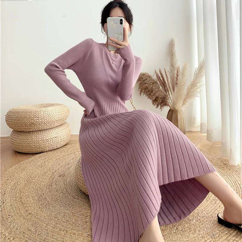 New Autumn Winter O-neck long sleeve knitted French Style high waist solid slim mid-length A-line sweater Dress Z260313
