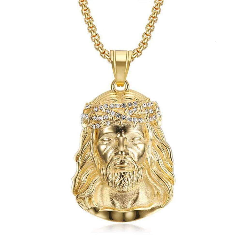 Religious Fashion Christ Jesus Head Pendant Gold Color Stainless Steel CZ Christian Necklace For Men Jewelry Male Gift 2025 H260312