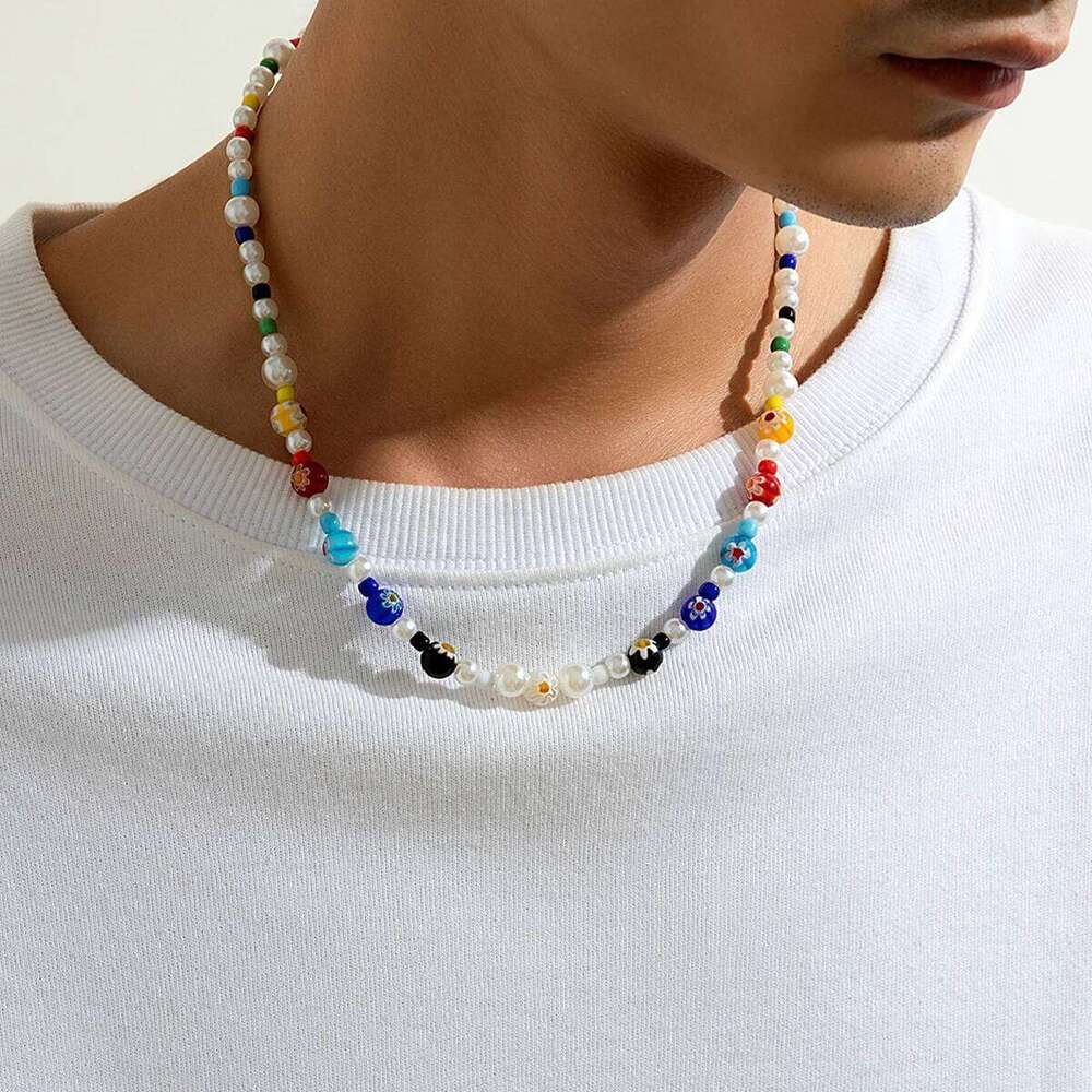 Imitation Pearl and Colorful Beads Short Choker Necklace for Men Trendy Beaded Chains on Neck 2023 Fashion Jewelry Accessories H260312