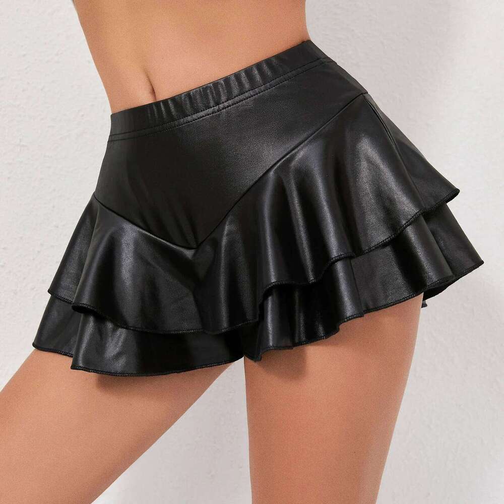 Sexy Women Faux Leather Ruffle Skorts Y2K Elastic High Waist Ball Gown Solid Color Loose Layered Casual Skirts Shorts Z260314