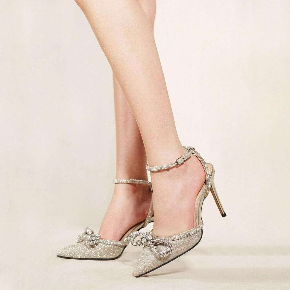 Women S Satin Lace Up High Heel Ankle Buckle Straps Pump Rhinestone Strip Bowknot Pointed Toe Stiletto Sandals MOJIDASHU