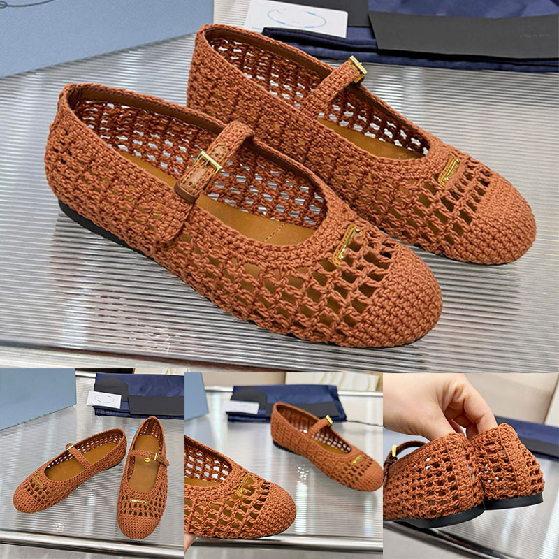 2026 Womens Crochet Ballerinas Designer Metal Logo Sneakerina 1F364O Ladies Luxury Brand Metal Buckle Flat Shoes Genuine Leather Outsole Sizes 35 41