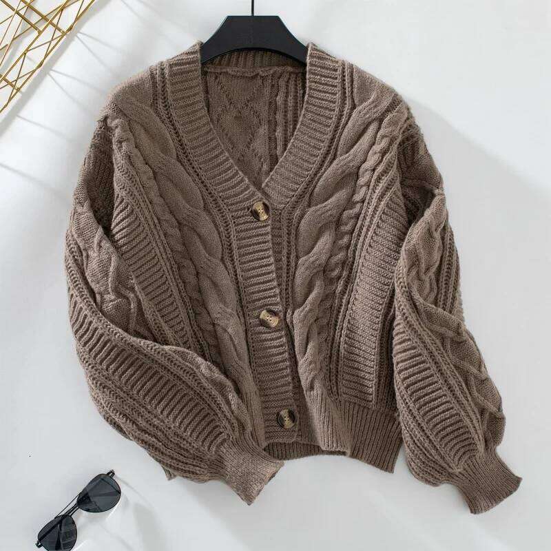 New Simple Elegant Office Coat V Neck Twist Cardigan Short Sweater Loose Women Korean Style Retro Jackets Autumn Winter Clothing Z260313