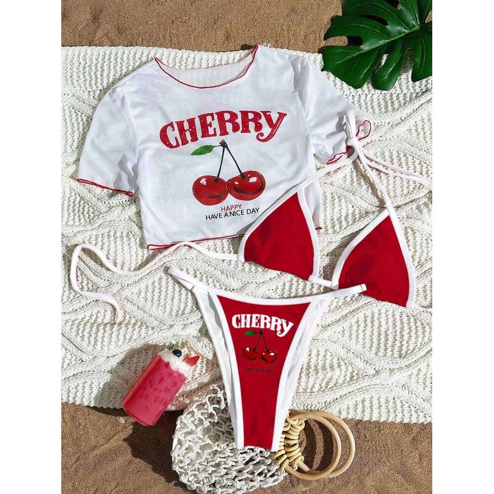 2026New Three-pieces Bikini Set Cherry Printed Short Sleeve Swimsuit Women Swimwear Bather Bathing Suit Swim Biquine Brasileiro Y260303