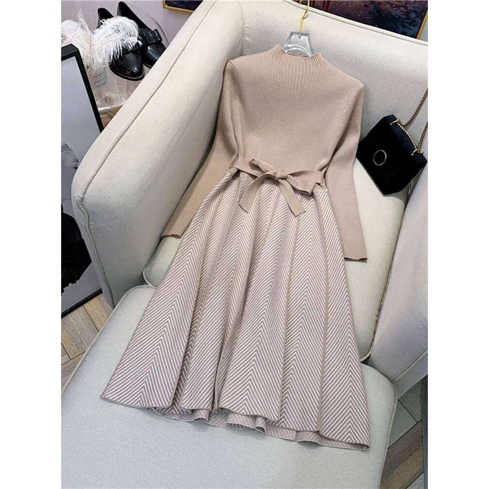 Women Elegant Knitwear Knee Length Vestidos Korean Stripe Knitted Midi Dresses With Belt Spring Fall Slim Long Sleeve Elbise New Z260313