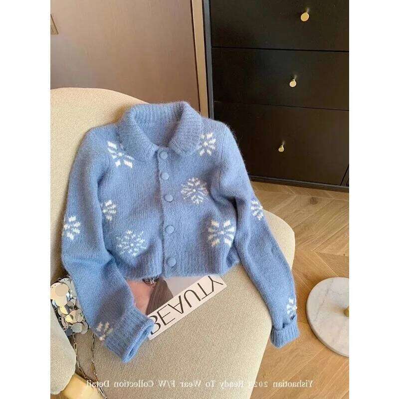 Korean Style Sweet Blue Crocheted Peter Pan Collar Cropped Sweater Cardigan Women's Autumn 2024 New Long-sleeved Top Z260314