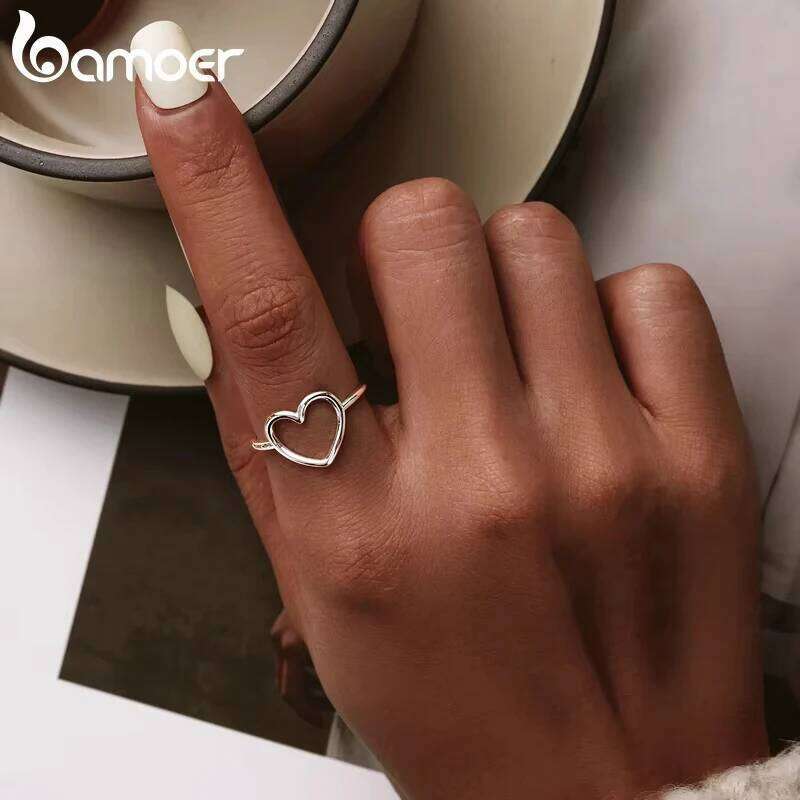 BAMOER 925 Sterling Silver Hollowed Heart Finger Rings Geometric Jewelry for Women Wedding Engagement Minimalist Statement Gift H260312
