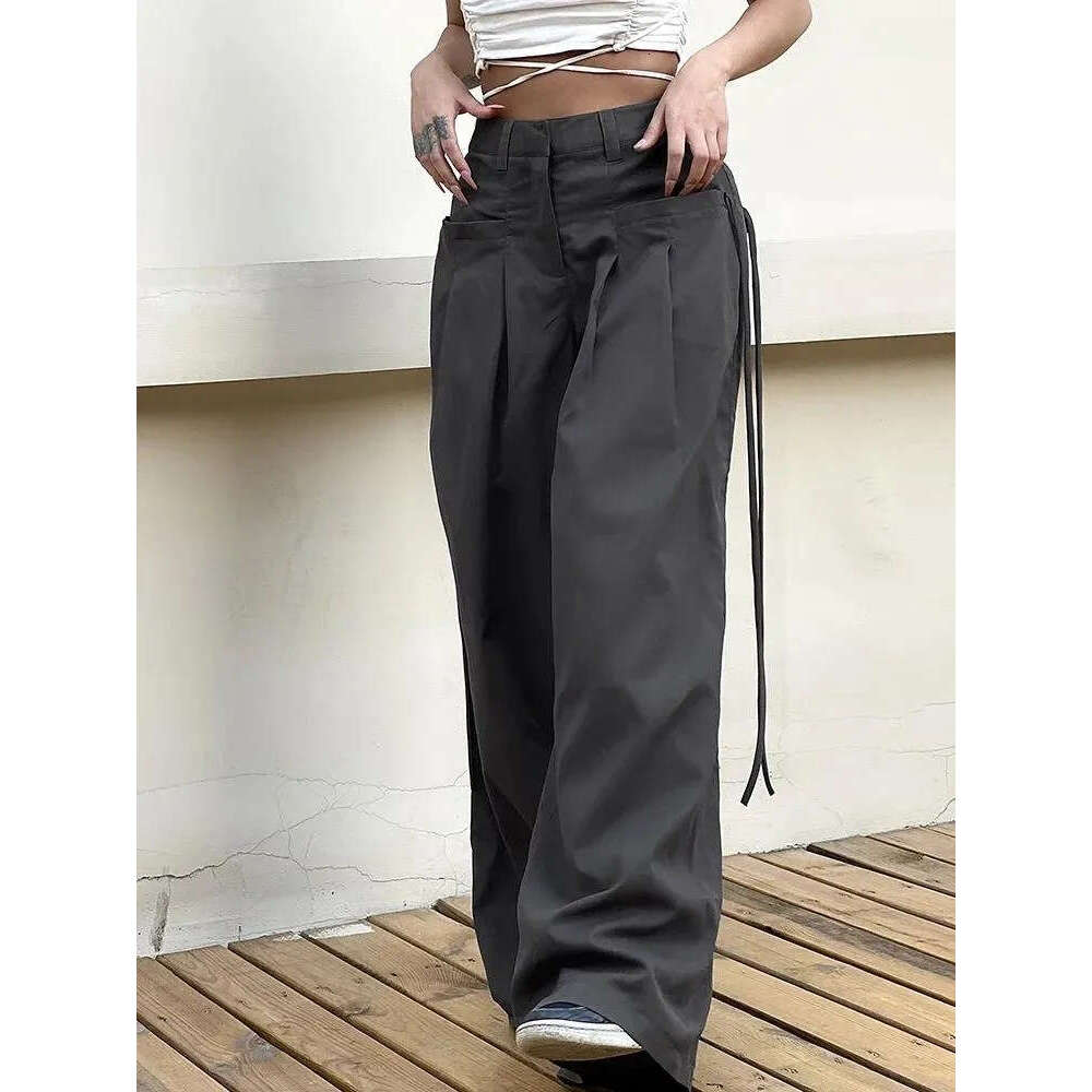 Women's Pants Shirring Casual Wide Leg Women High Waist Street Basic Loose Sweat Trousers Korean Retro Gray Office Y2K Lady Z260314