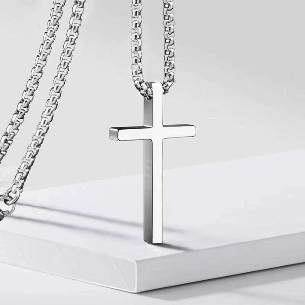 Vnox Necklace for Men Women, Silver Color Plain Cross Pendant Collar with Stainless Steel Box Chain H260312