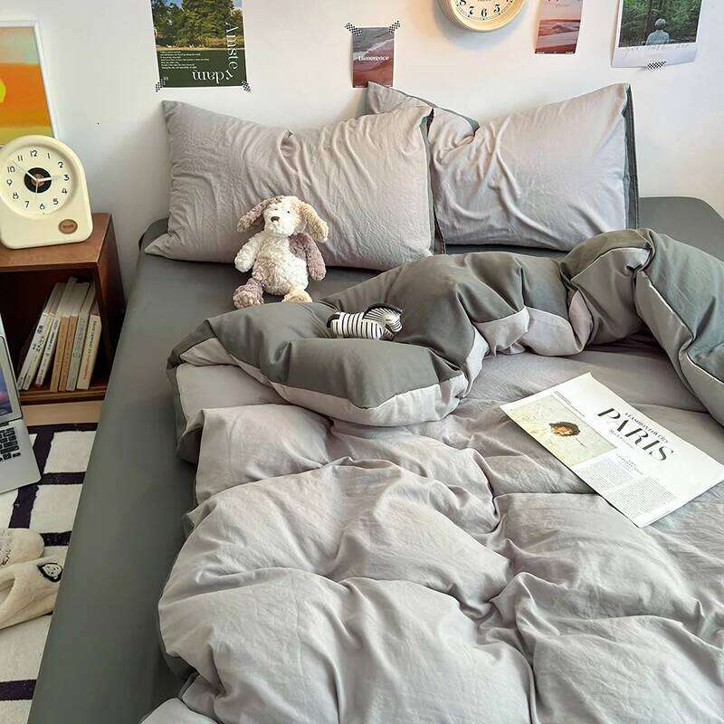 2025 washed cotton solid color four piece set for student dormitory bed sheets duvet covers, small and fresh brushed bedding H260312 - view 5