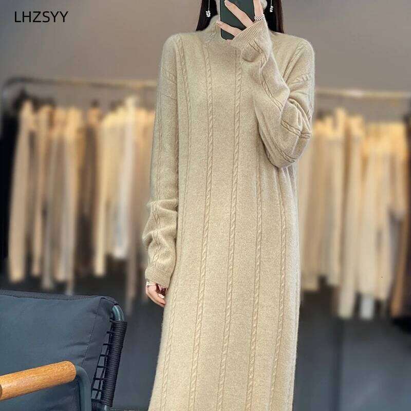 LHZSYY Turtleneck 100% Pure Wool Women's New Autumn Winter Hip Wrap Knit Skirt High-End Sweaters Loose Cashmere Long Dress Z260313