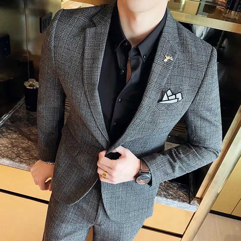 Mens Slim Fit Business Suit Boutique Fashion Two-Piece Set Handsome Trend Banquet Four Seasons Trousers Included M260313