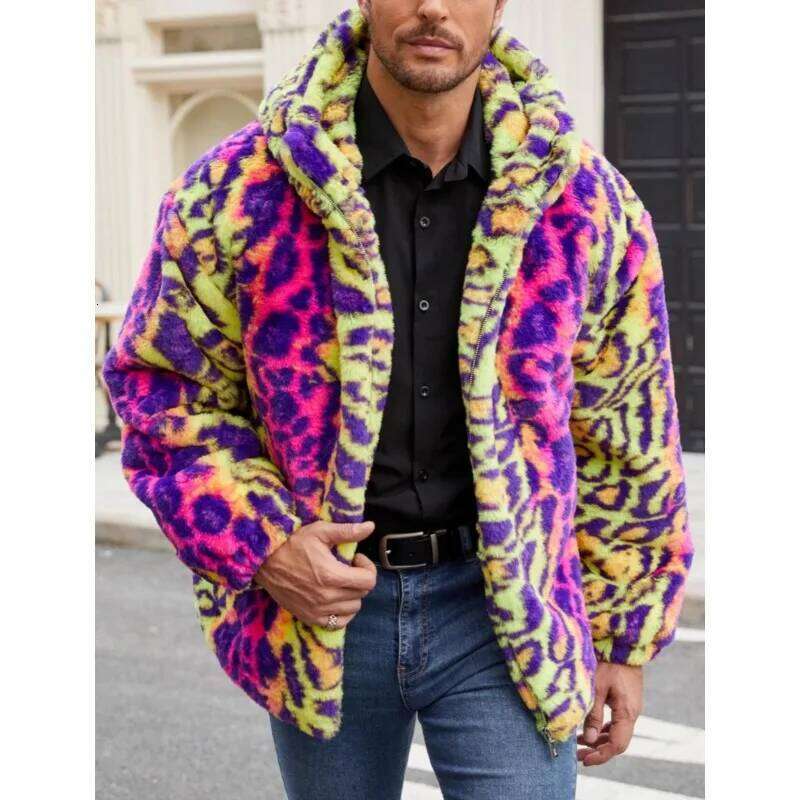 Men's Clothing Faux Fur Coat Bestseller for with Plush Color Contrast Warm Thick Leopard Print Jacket Z260313