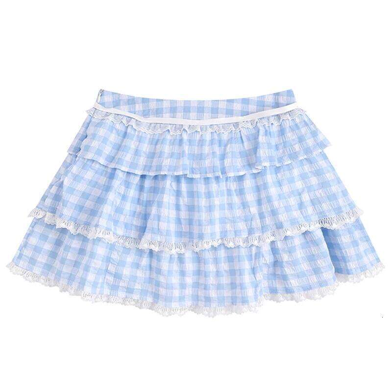 Japanese Kawaii Lace Trim Mini Lolita Style Gingham Layers A-line Y2k Aesthetic Plaid Skirt Teen Girl Streetwear Z260314