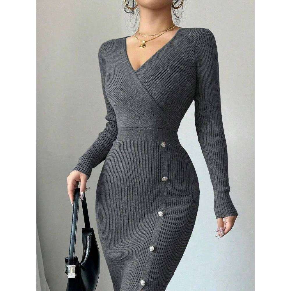 Spring Autumn Sexy Deep V-Neck Knit Dress for Women Button Long Sleeve Sweater Woman Sid Slit Budycon Dresses Ladies Clothing Z260313