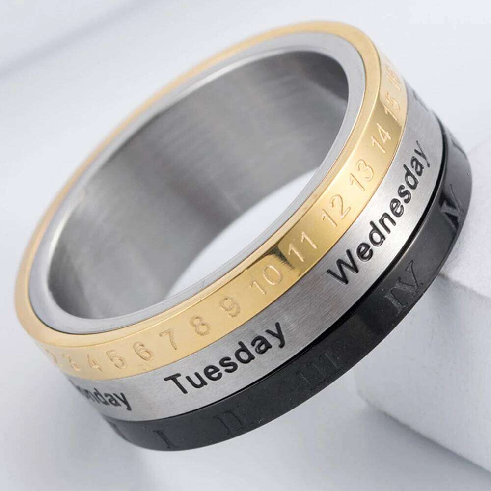 Male Finger Fashion Calendar Rotatable Anxiety Ring Men's Time Week Date Numerals Black Spinner Rings For Men Treatment Fidget H260312