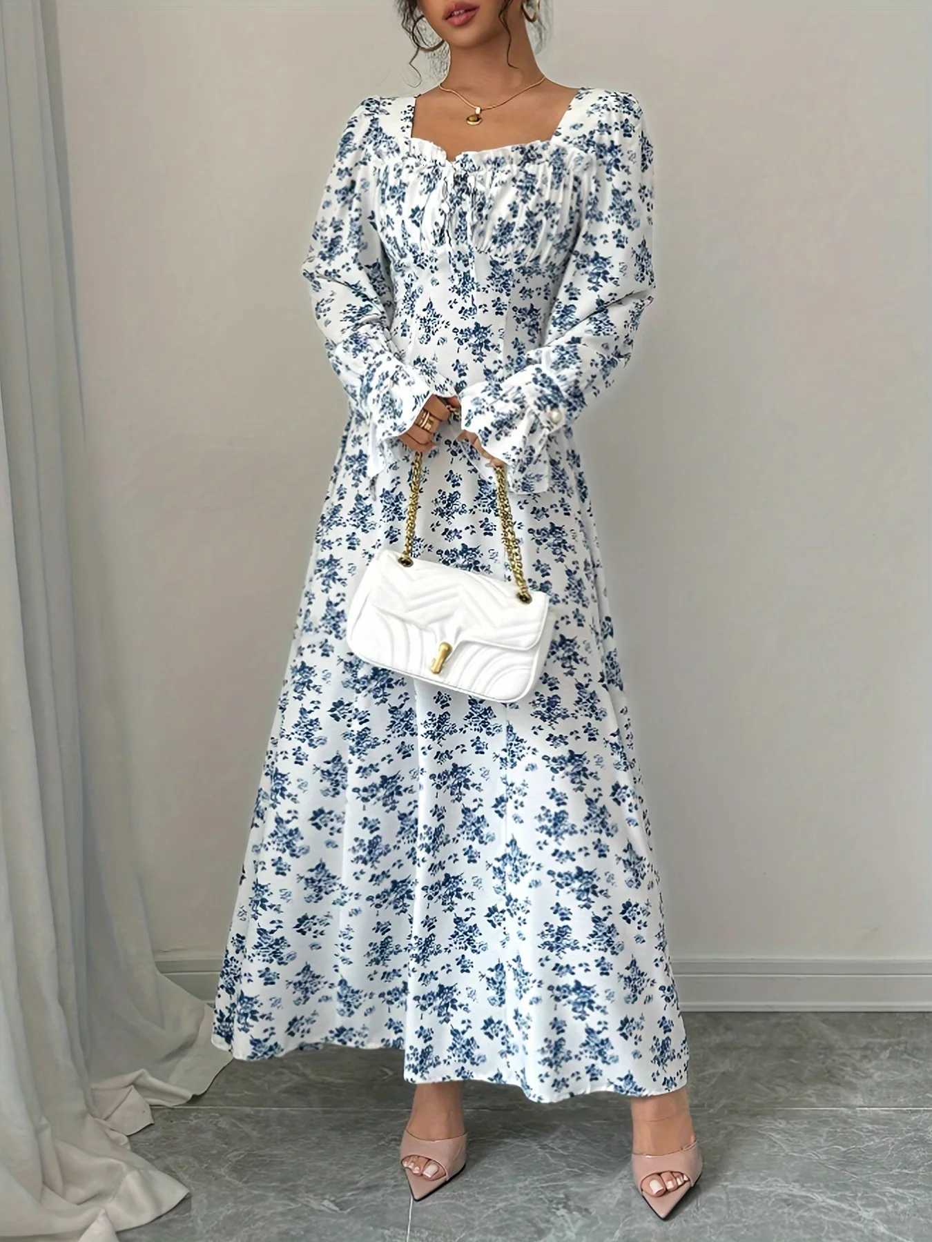 Womens Blue Floral Print Maxi Dress Square Neck Long Sleeve Casual Boho DressT260314