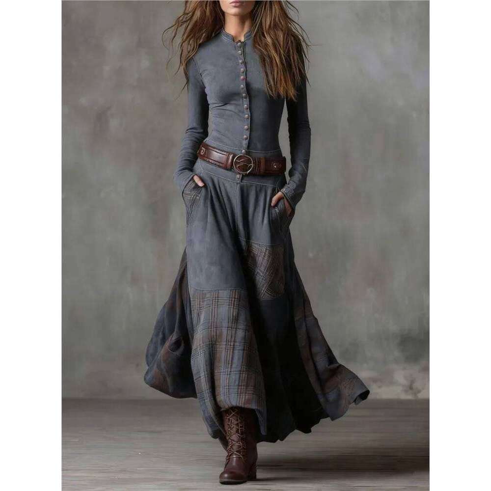 Women's Temperament Commuting Slim Dress Spring Autumn Suede Plaid Stitching Retro Pocket Button Belt Long-sleeved Dresses Z260313