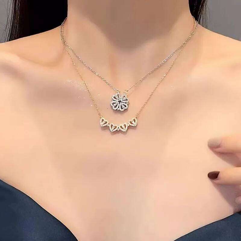 Lucky Magnetic Folding Heart Shaped Cr Pendant Necklace For Women Clavicle Chain Gift Openable Choker Jewelry H260312