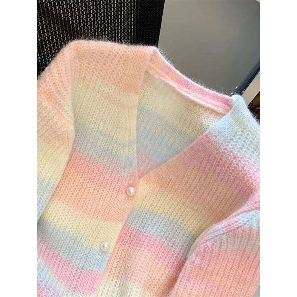 Fashion Rainbow Cardigan Sweaters Women Elegant Pearl Buttons Knitted Coat Chic V Neck Casual Korean Sweet Female Tops Z260313