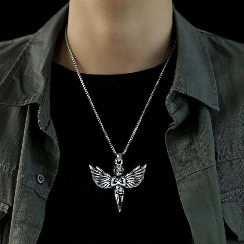 Angel With Feather Wing Pendant Necklace Stainless Steel Retro Punk Fashion Silver Color Hip Hop Rock Neck Jewelry Party Gifts H260312