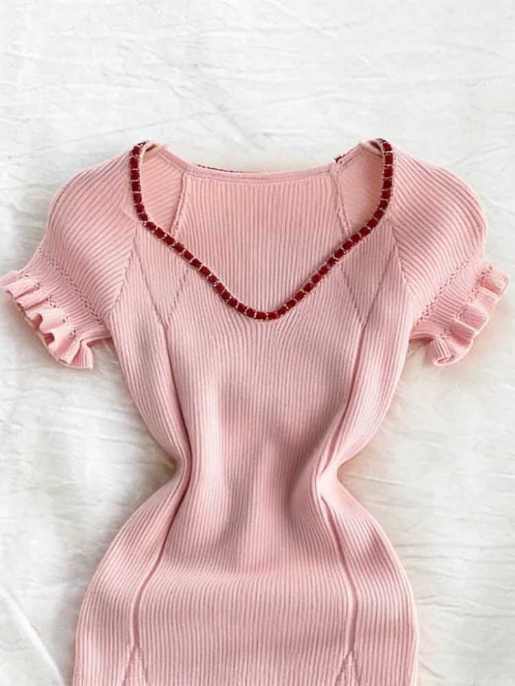 Pink Ruffle Solid Mini Dress Womens Short Sleeve V-Neck Contrast Sundress Elastic Ribbed Knit Bodycon Sexy Party Dress OutfitsT260314