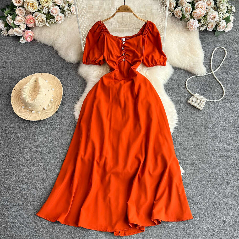 Designer wine red engagement dress French high-end style long skirt fluffy short sleeved square neck waist slimming A-line skirt