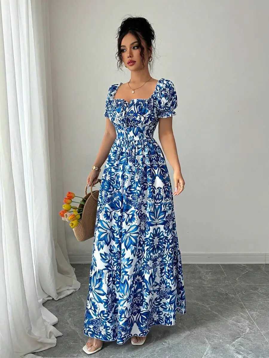 Elegant Womens Floral Print Bubble Sleeve Dress Blue Long Dress Front Tie Back Gathered Waist Casual VacationT260314