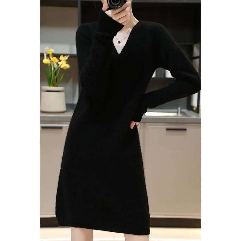Womens Elegant Cashmere Sweater Dresses 100% Merino Wool Sexy V-Neck Casual Knitted Skirt Fall Winter Ladies Black Dress Clothes Z260313