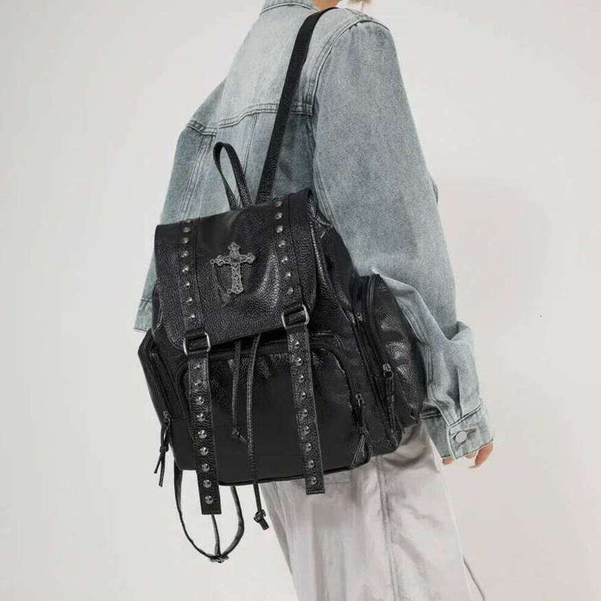 OLOEY Rivet Y2k Backpack Women Gothic Punk PU Leather Shoulder Ladies Vintage Harajuku Backpacks College Large Capacity School Bag Premium Backpack