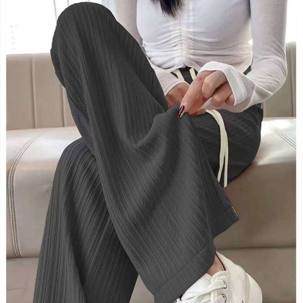 Summer Cool Ice Silk Straight Women Fashion High Waist Wide Leg Trousers Female Solid Sagging Feeling Baggy Casual Pants