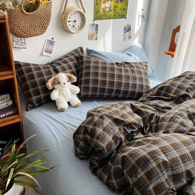 Bedding Ins Ambiance Blue Coffee Grid Mixed Washed Cotton Minimalist Flat&Fitted Sheets Duvet Cover Set With Pillowcase H260312 - view 5