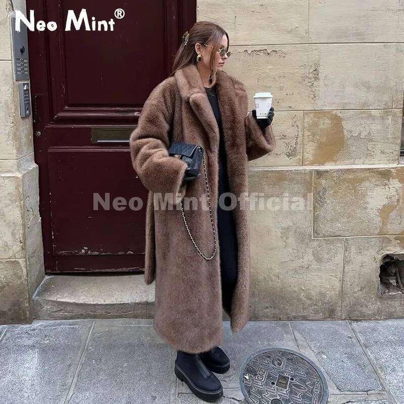 Neo Mint Luxury Long Belted Faux Mink Women 2025 Winter Thick Warm Overcoat Chic Street Fashion Fake Fur Coat Outerwear Z260313