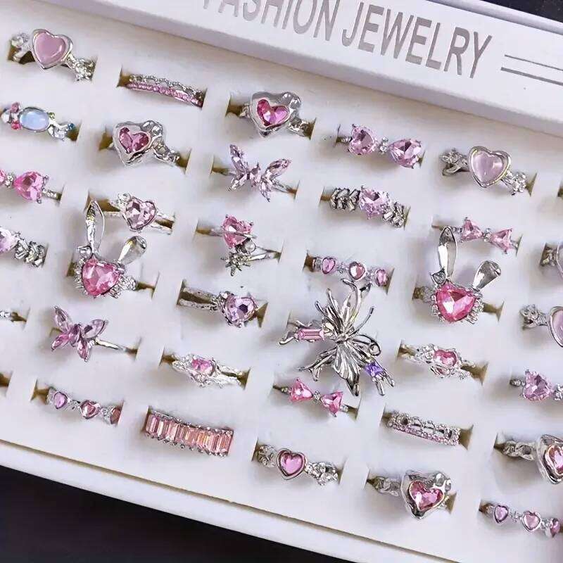 10Pieces Exquisite Pink Synthetic Zircon Heart Butterfly Rings Set For Women Mix Style Open Adjustion Jewelry Party Gifts H260312
