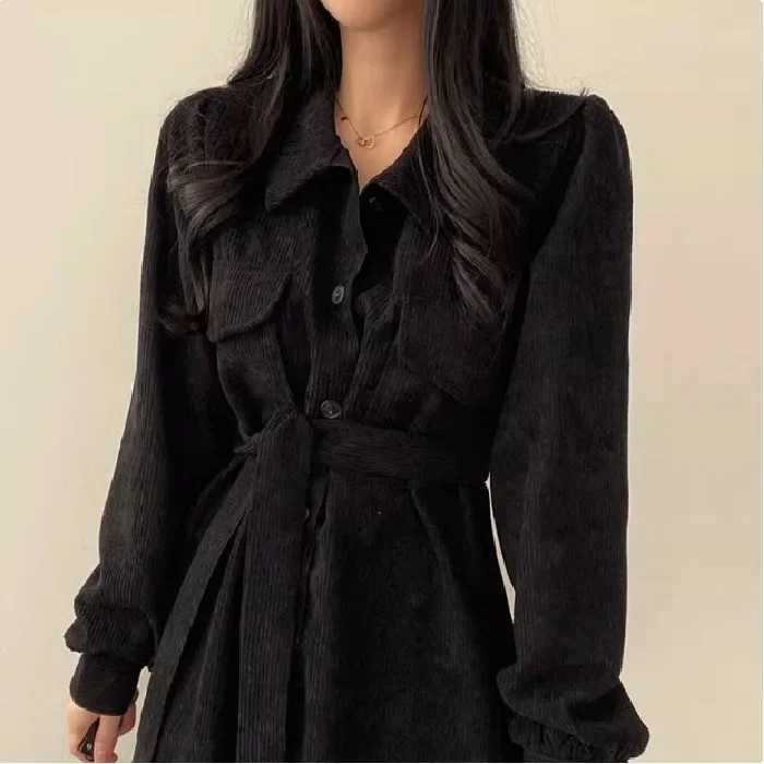 Korean Style Chic Autumn Winter French Vintage Turn-down Collar Single Button Waist-cinching Long Pure Color Corduroy Dress WomeT260314