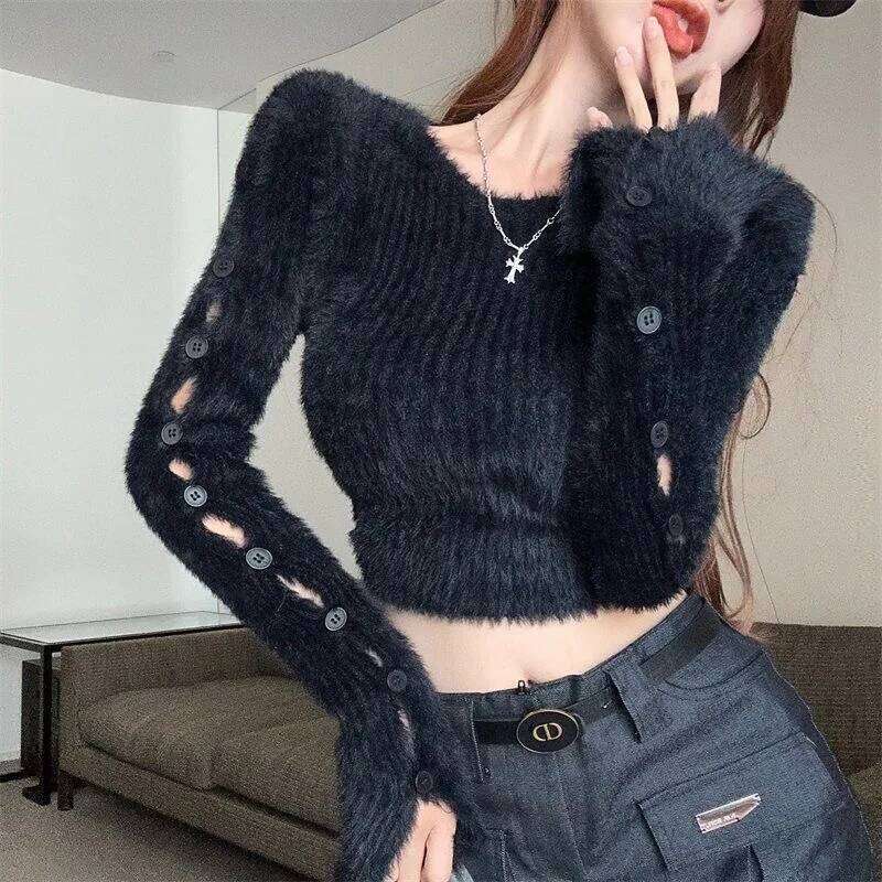 Fuzzy Fitted Knit Top for Women Cut-out Buttoned Sleeve Bodycon Crop Sweater Pullovers Teen-girl Autumn Winter Y2K Outfit Z260313