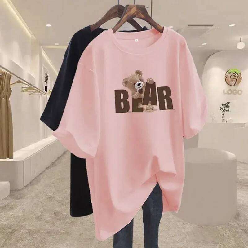 Summer Chic Letter Printing Bear T-shirt Women O-neck Short Sleeve Cotton Basic Top Tee Casual Loose Oversized Pullover 45-105Kg Z260314