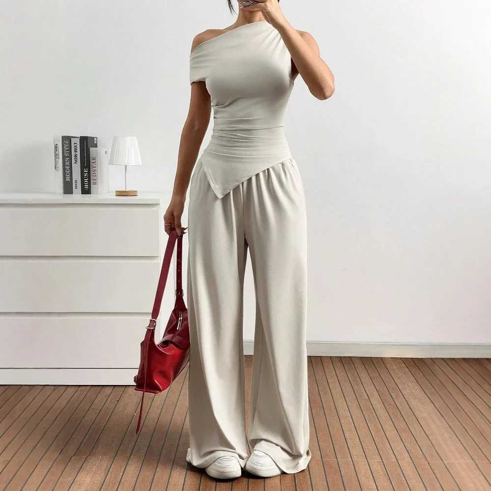 Sets Summer Casual Plain Asymmetrical Short Sleeve One-Shoulder T-Shirts Full Length Wide Leg Pants Sets For Women M260313
