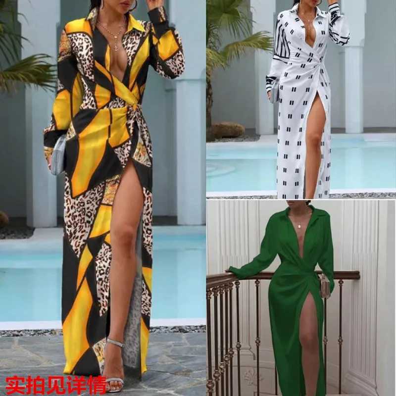 Womens Autumn Slit Long Dress Lace-up Printed Long-sleeved Dress High-waisted POLO Collar Irregular Temperament Elegant DressT260316