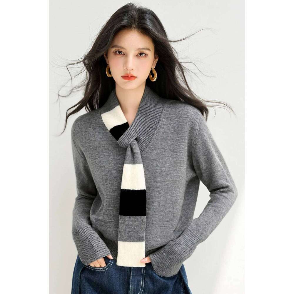 Loose And Slimming Long-Sleeved Sweater Top With A Contrasting Color Scarf Collar For The Winter Of 2025 Z260313