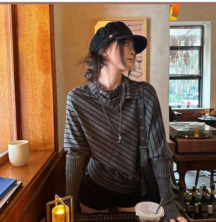 Tonngirls Harajuku Striped Sweater Women Batwing Sleeve Knit Turtleneck Pullovers Y2k Japanese 2000s Knitwear Korean Style Tops Z260313