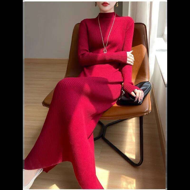New Autumn Winter Dress Half Turtleneck High-end Inner Layer Bottoming Knitted Sweater Long Skirt for Women Z260314