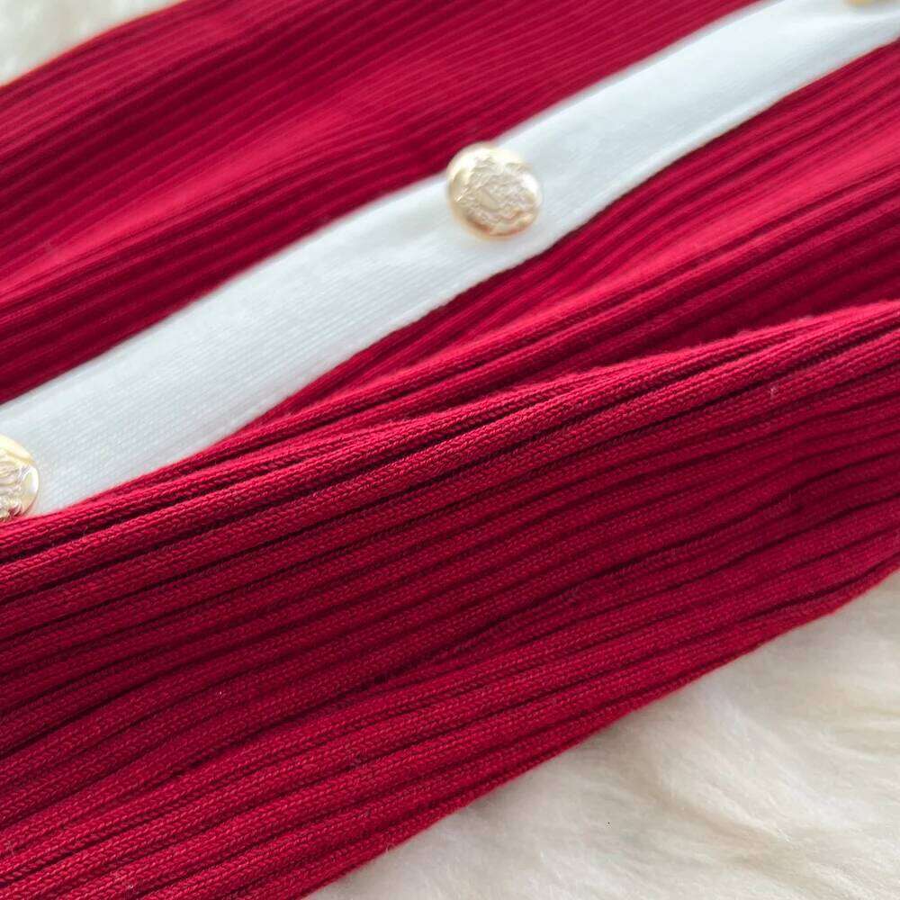 REALEFT Autumn Winter Vintage Patchwork Single Breasted Women's Knitted Dress High Waist O-neck Long Sleeve Sweater Dresses Z260313