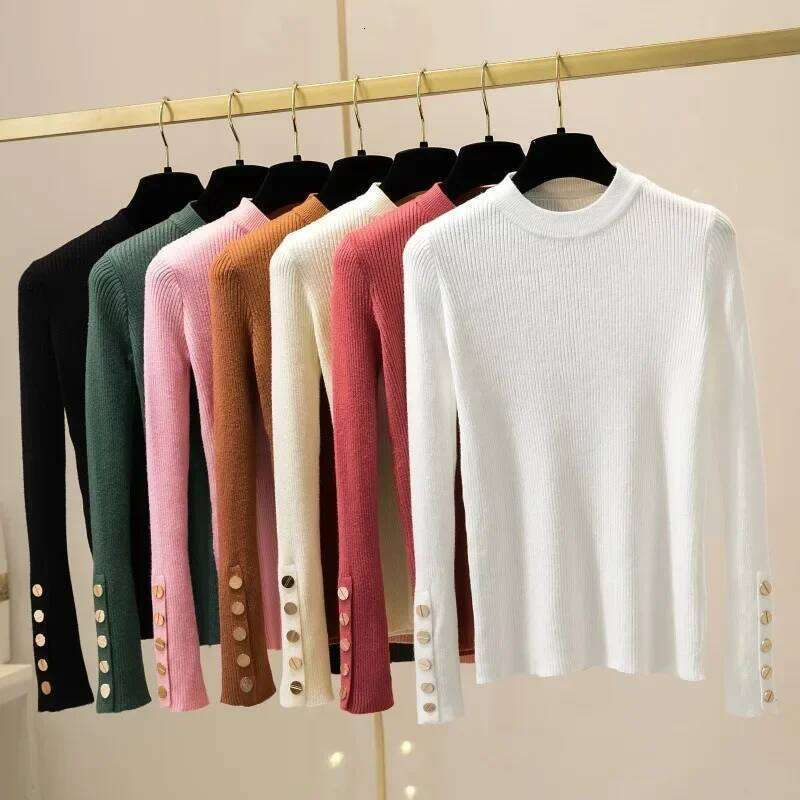 Slim Knit Women Pullovers Casual Y2k Top Autumn Winter Button Sweater Female Jumper Tops Pullover Z260314
