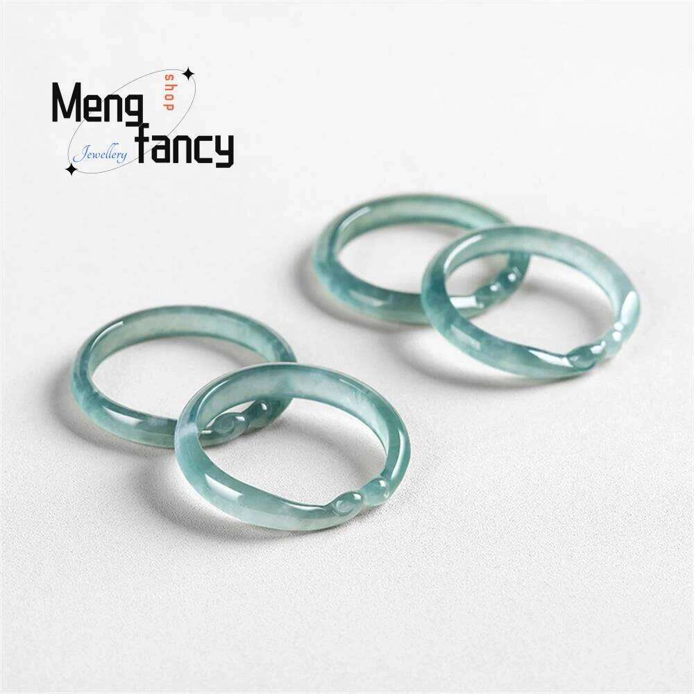 Natural A-goods Jadeite Blue Water Ruyi Tightrope Three-dimensional carving Ice Jade Ring Personalized Exquisite Fashion Jewelry H260312