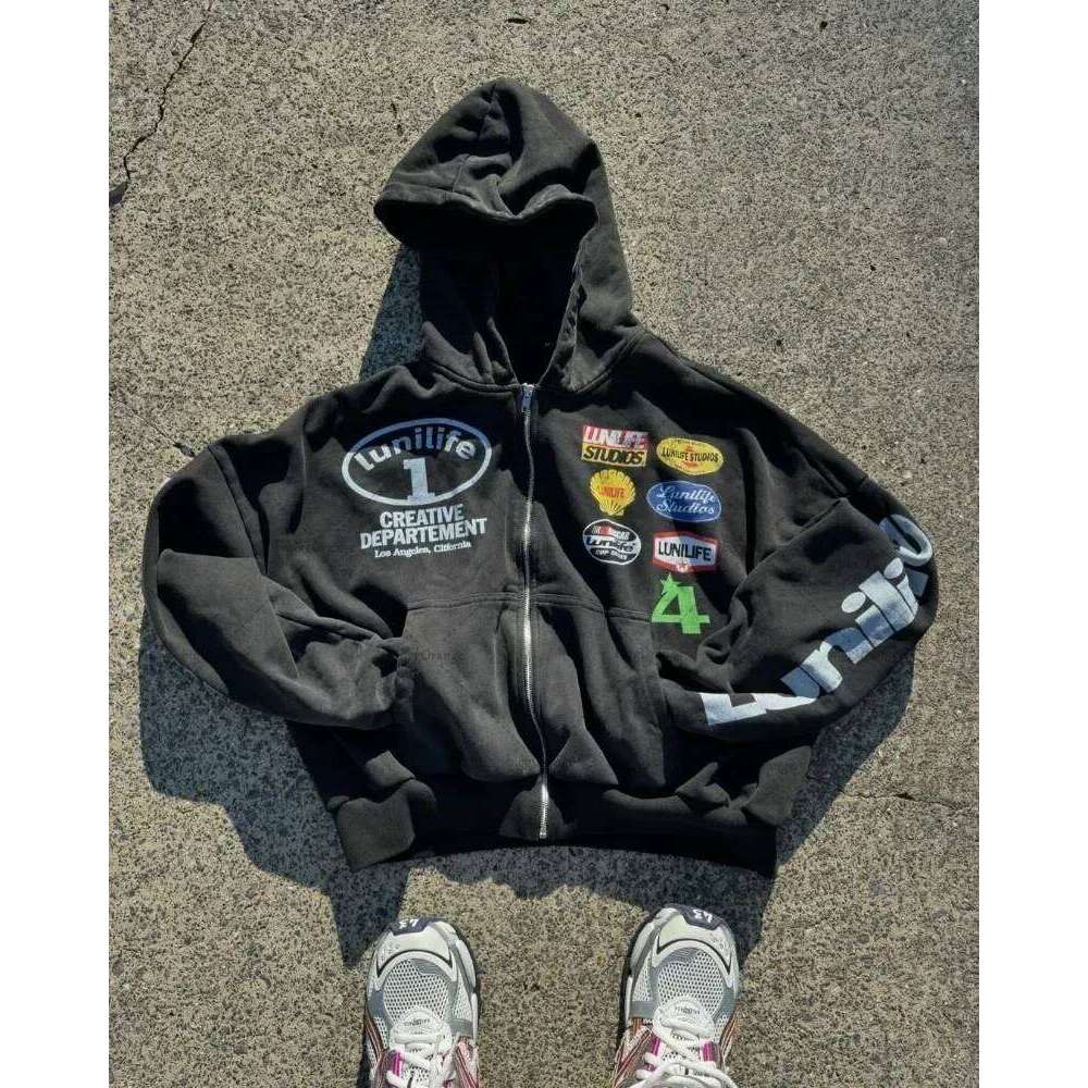 New zip up hoodies Y2K Harajuku Punk Casual Clothes Trend Streetwear American Vintage Badge Print Zipper Hoodie for Men Z260315