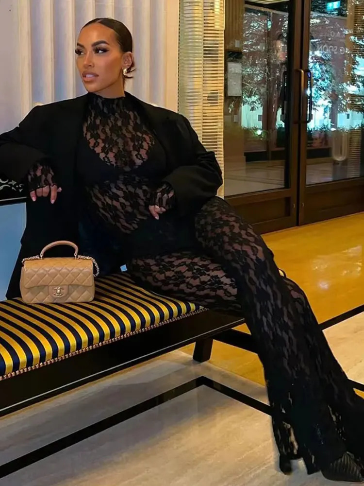 HH Womens Lace Pants Sets Slim Jumpsuits Top High Waist Trousers Sexy Lady Floral Lace Translucent Y2k Bodysuit Suits 260309